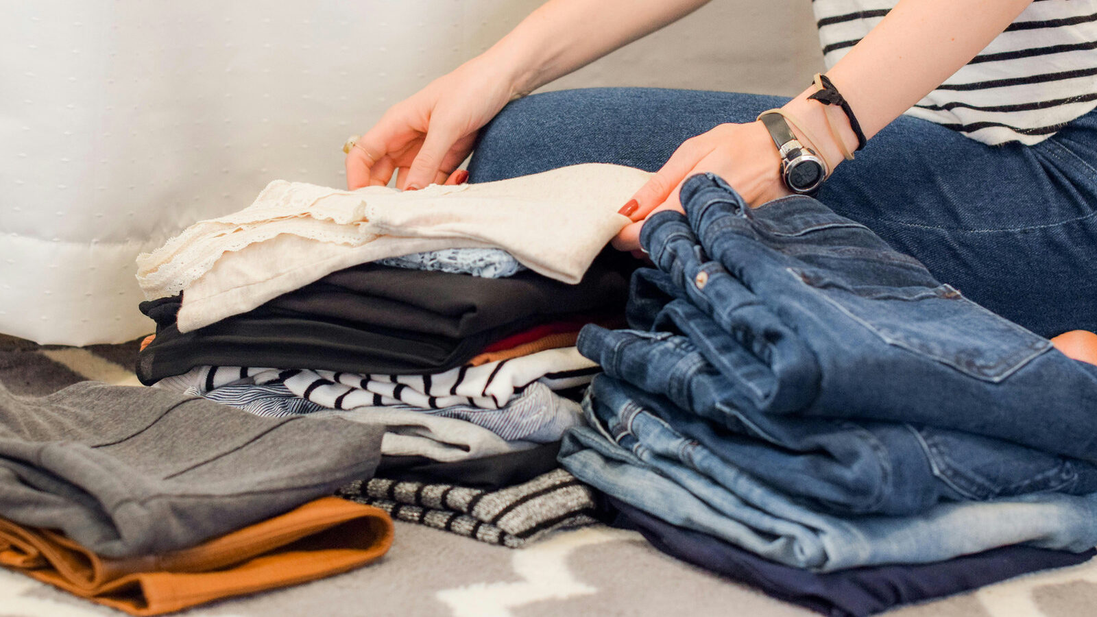 Folded laundry and a reset kitchen counter
